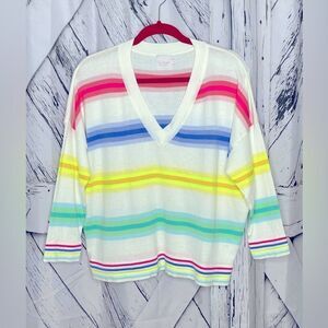 Whisper By Brodie V-Neck Long Sleeve Pullover Sweater Colorful Stripes Size S